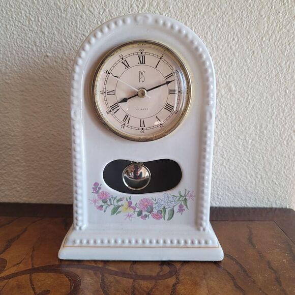 PS limited edition 1994 vintage 90s ceramic white cream floral shelf clock analo - Picture 1 of 6